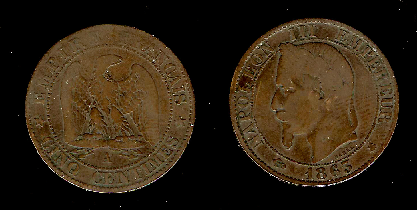 Cinq centimes Napoléon III, tête laurée Paris 1863 TB